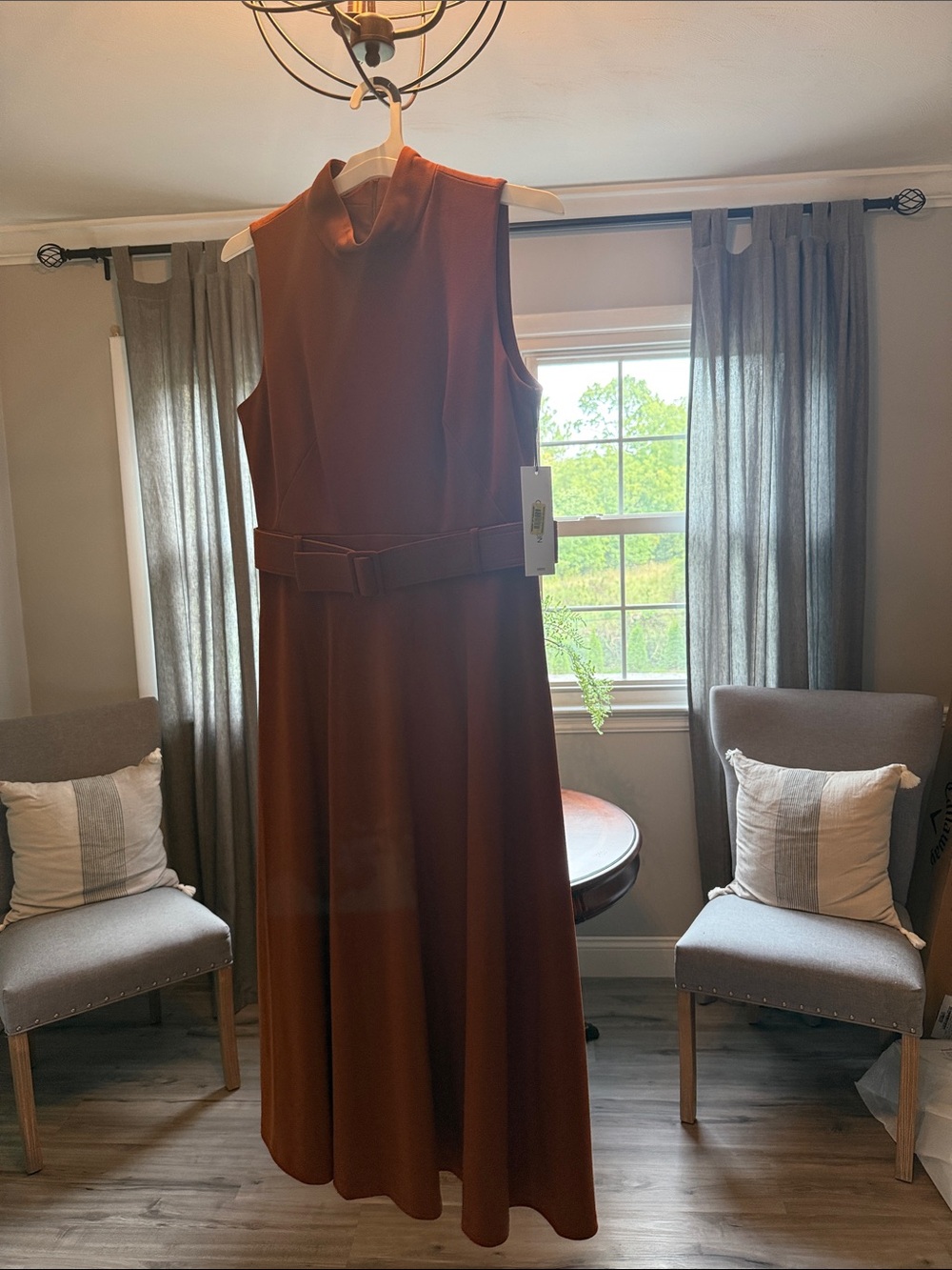 Calvin Klein Sleeveless Mock-Neck Maxi Dress in Rust